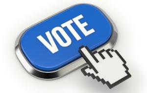 Illustration of a button with the word vote written on it and a hand indicating to press the button