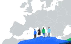 Illustration of 4 people looking at the European map.