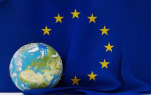 globe with the EU flag