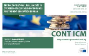 e-banner for CONT Interparliamentary Committee Meeting with text and image with pile of coints