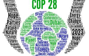 COP28 - word cloud in the shape of the globe and a pair of hands